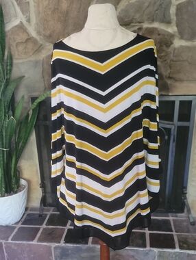 Alfani Chevron Stripe Tunic Blouse Sz 1X Black Mustard Pointed Hem Plus Size